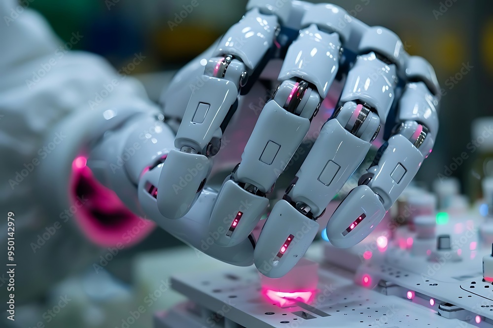 Robotic Hand with Red Lights Close Up 3D Illustration Robotic Hand with Red Lights Close Up 3D Illustration