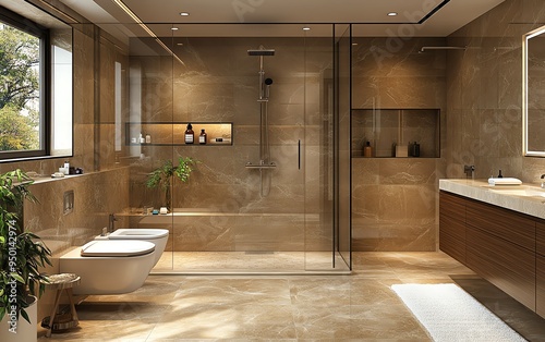 create an elegant bathroom featuring slipresistant tiles, adjustable shower heads, and ecofriendly amenities for improved safety and health photo