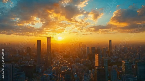 A bustling cityscape at sunset, with skyscrapers reflecting the golden light, capturing the vibrancy of urban life. photo