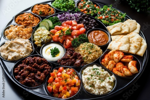 Global Cuisine Platter: A large platter divided into sections, each filled with a traditional dish from a different country. The platter should be colorful and appetizing, with each dish carefully pre