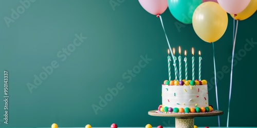 Birthday wallpaper cone hat, tart cake, balloons, candles, glitter, ribbon decorations, gifts with copy space. photo