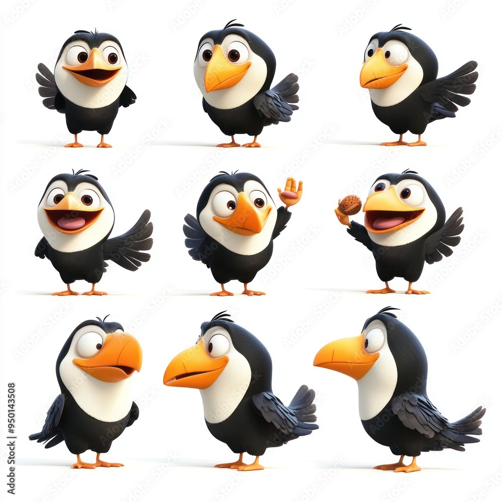 Obraz premium A collection of animated cartoon birds displaying various emotions and poses.
