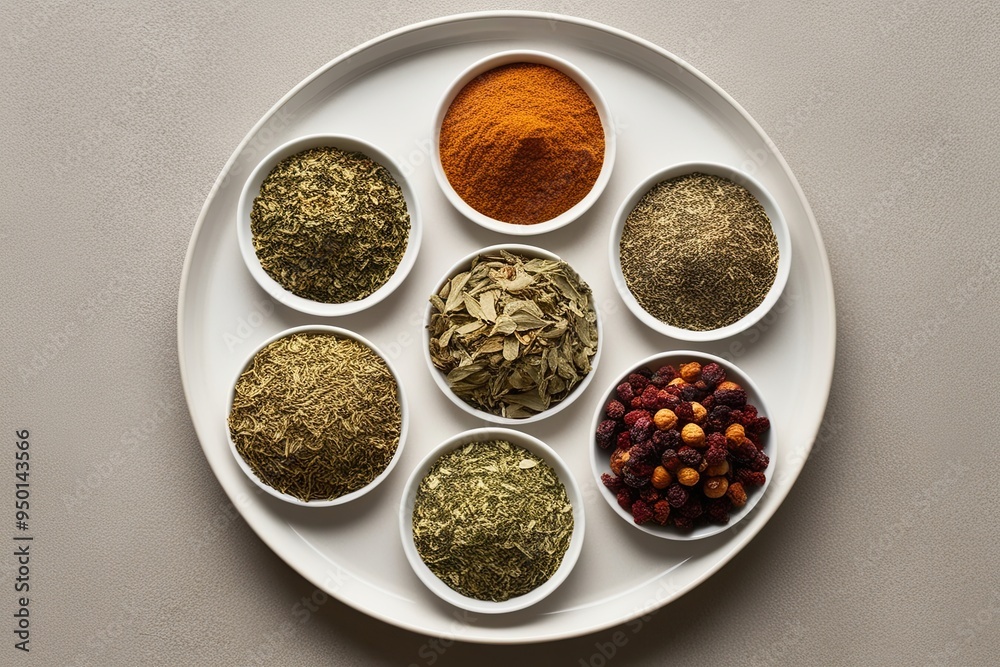 Elegant Display of Dried Herbs and Spices in Neutral Background for Nutritious Antioxidant-Rich Meals Elegant Display of Dried Herbs and Spices in Neutral Background for Nutritious Antioxidant-Rich Meals