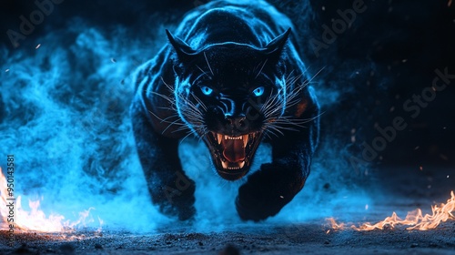 Angry black pnther with open mouth and fiery mane, Glowing yellow eyes, jumping, blue fire flames and sand at night background. Intense Black Panther with Fierce Glowing Eyes in Blue Fiery Ambience
 photo