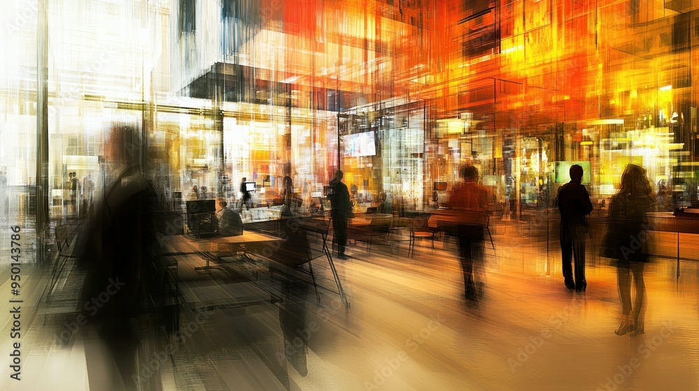 Abstract Cityscape with Blurred Figures and Golden Hues Abstract Cityscape with Blurred Figures and Golden Hues