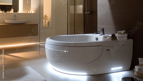 design a stylish bathroom with integrated safety features, like motionsensor lighting and easytoreach controls, for a secure and healthy environment photo