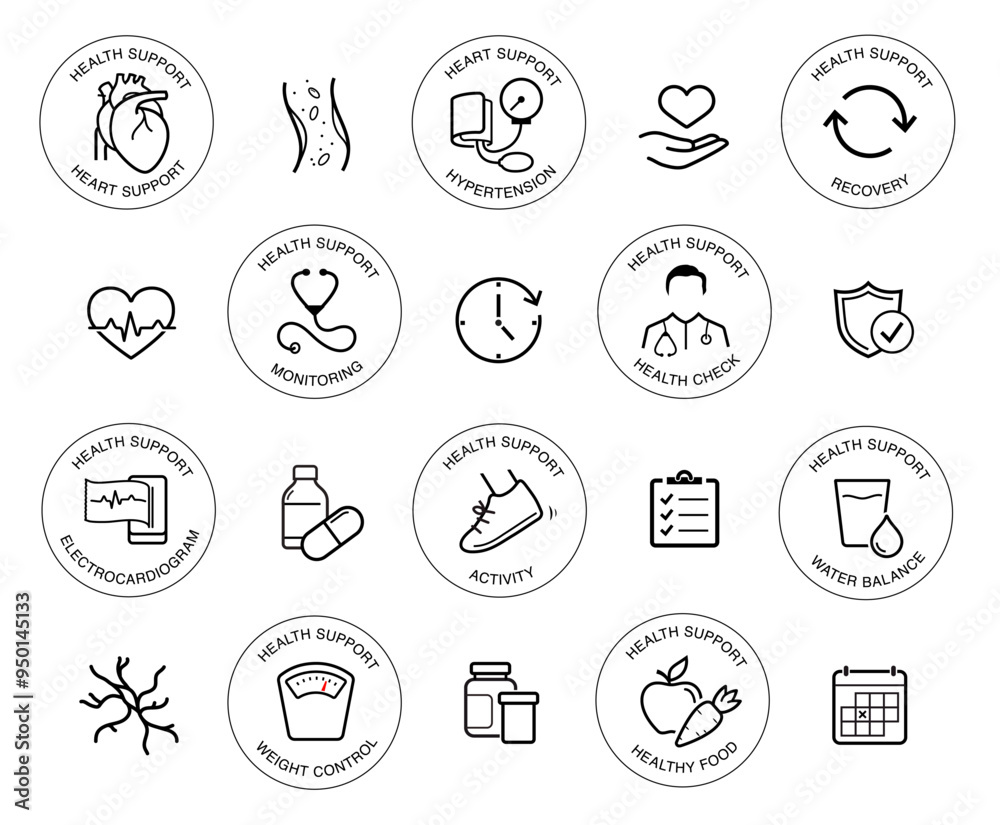 Heart health, illness icon set. The outline icons are well scalable and editable. Contrasting elements are good for different backgrounds. EPS10.