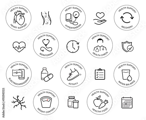 Heart health, illness icon set. The outline icons are well scalable and editable. Contrasting elements are good for different backgrounds. EPS10.