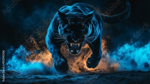 Angry black pnther with open mouth and fiery mane, Glowing yellow eyes, jumping, blue fire flames and sand at night background. Intense Black Panther with Fierce Glowing Eyes in Blue Fiery Ambience
 photo