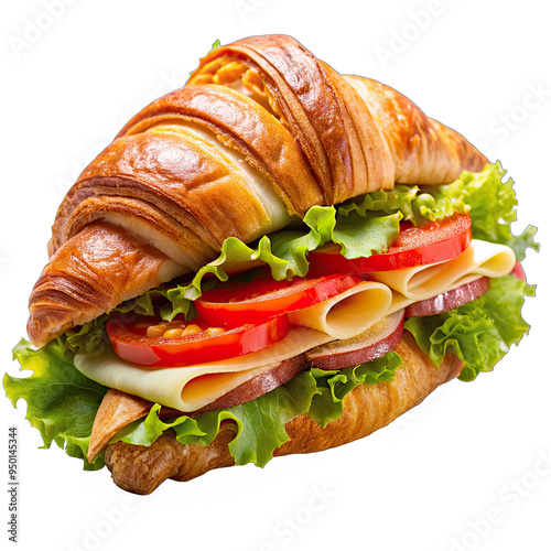 A freshly made croissant sandwich filled with tomato, cheese, and lettuce