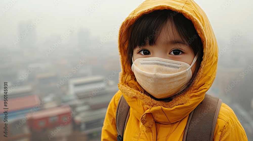 A child wearing a mask to protect themselves from air pollution, illustrating the health risks associated with smog. A child wearing a mask to protect themselves from air pollution, illustrating the health risks associated with smog.