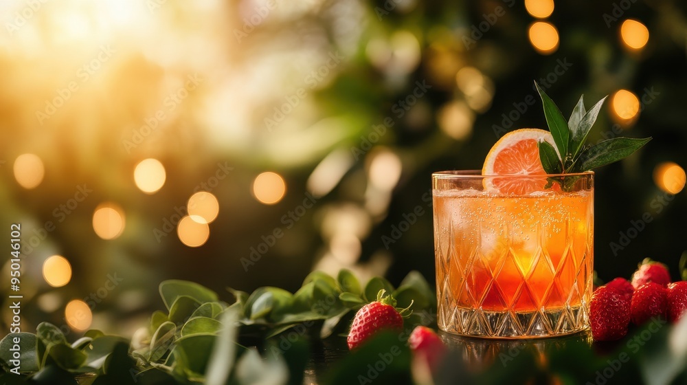 A refreshing cocktail garnished with fruit and mint, set against a vibrant background of bokeh lights. A refreshing cocktail garnished with fruit and mint, set against a vibrant background of bokeh lights.