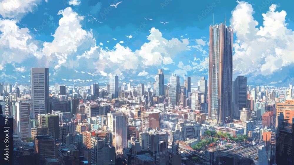 Fototapeta premium A dynamic cityscape with a focus on a landmark skyscraper, surrounded by other high-rise buildings and bustling streets, illustrating the energy of the city center.