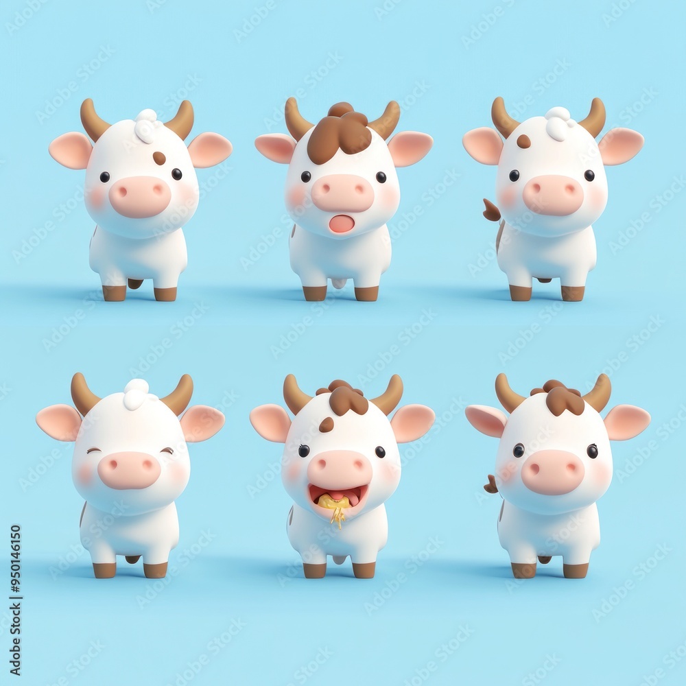 A collection of cute cartoon cows with various expressions against a blue background. A collection of cute cartoon cows with various expressions against a blue background.