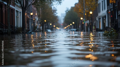 Floodwaters engulfing a once-bustling city street, showcasing the devastating power of rising sea levels.
