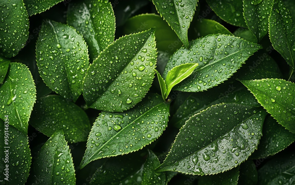 Fototapeta premium Visualize a closeup of tea leaves with rich detail, emphasizing their intricate veins, texture, and natural beauty