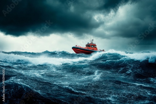 Rescue boat navigating rough ocean waves under a stormy sky. Represents bravery, maritime rescue missions, and challenging sea conditions. photo