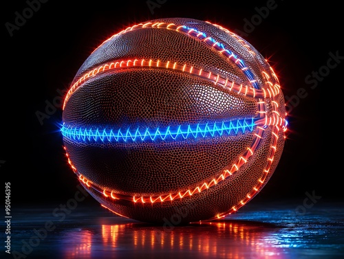 Basketball ball with red and blue neon lights glowing.  The concept of futuristic sports. AI generated