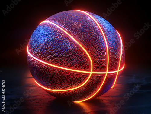 Basketball ball with red neon lights glowing.  The concept of futuristic sports. AI generated