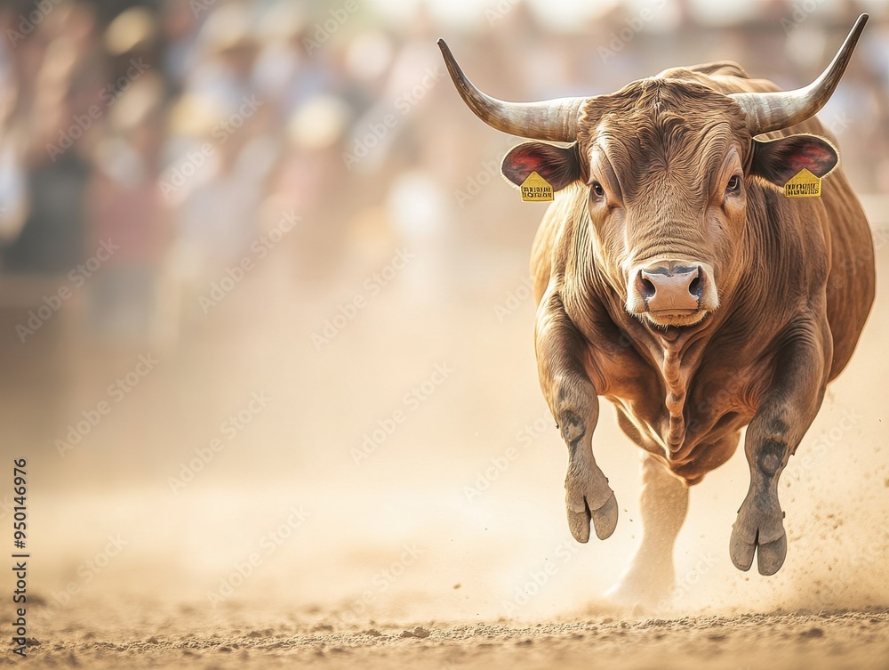 A powerful bull charges through a dusty arena, showcasing strength and agility amidst a cheering crowd in the background. A powerful bull charges through a dusty arena, showcasing strength and agility amidst a cheering crowd in the background.