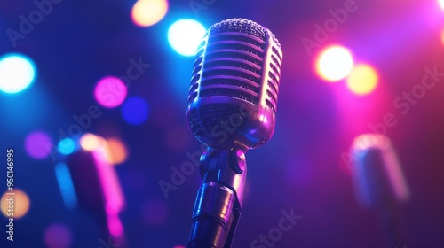 A dynamic shot of a microphone with colorful stage lights in the background, capturing the excitement and atmosphere of a live performance or recording session