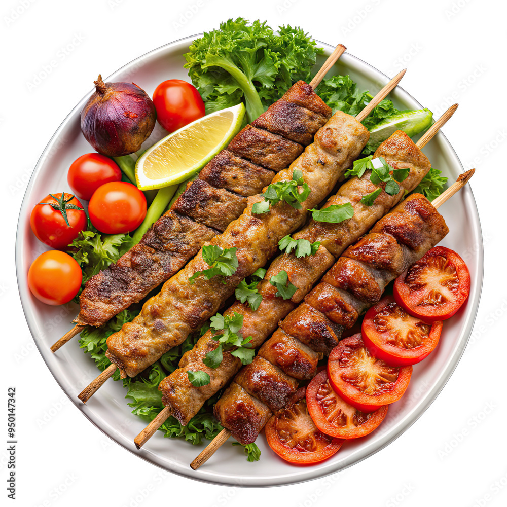 A close-up image of a white plate with three skewers of Turkish kebabs, surrounded by lemon slices, tomatoes, and fresh parsley A close-up image of a white plate with three skewers of Turkish kebabs, surrounded by lemon slices, tomatoes, and fresh parsley