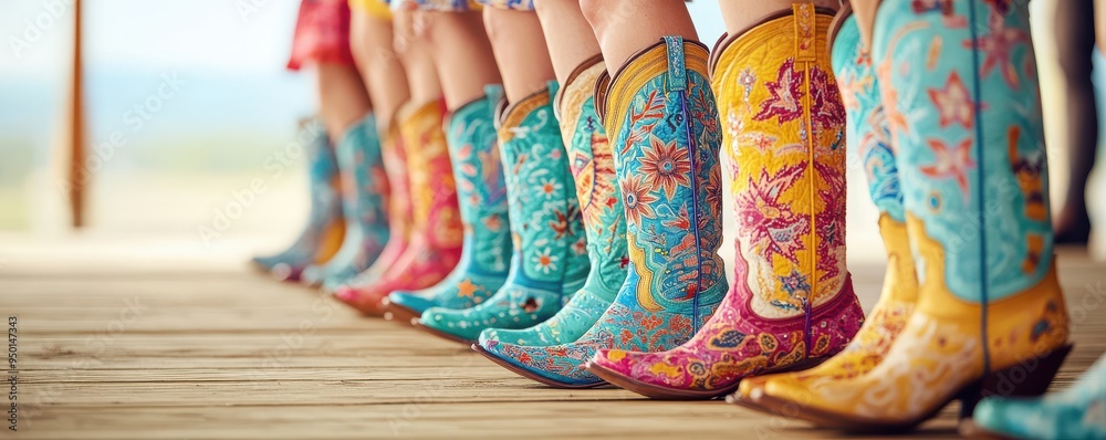 Colorful cowboy boots lined up, showcasing vibrant patterns against a rustic wooden background. Colorful cowboy boots lined up, showcasing vibrant patterns against a rustic wooden background.