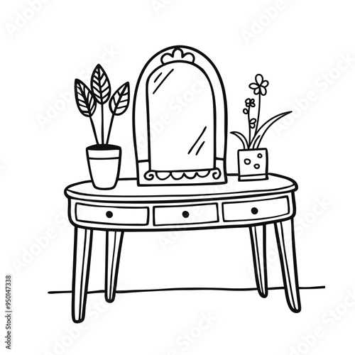 Dressing table with mirror and plants. Vector illustration in doodle style.