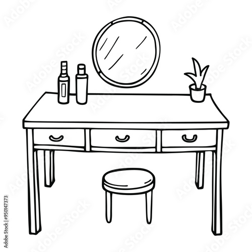Dressing table with mirror. Hand drawn vector illustration in doodle style.