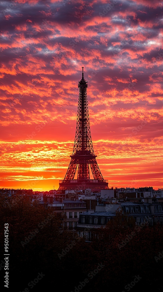 Naklejka premium Eiffel tower standing tall during a vibrant parisian sunset