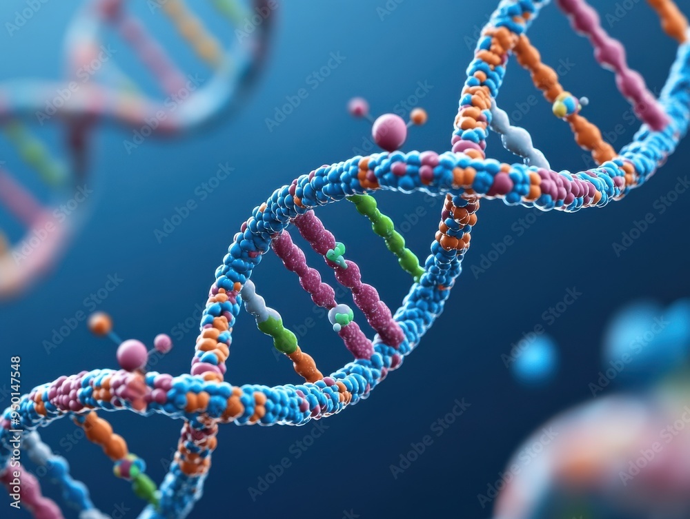 Close-up view of a colorful DNA helix structure showcasing scientific beauty and complexity at a molecular level. Close-up view of a colorful DNA helix structure showcasing scientific beauty and complexity at a molecular level.