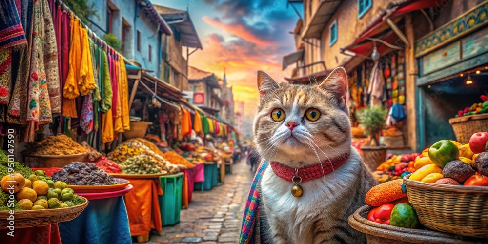 Fototapeta premium A tattered umbrella casts a morbid shadow over the Exotic Shorthair, amidst bustling street vendors peddling colorful trinkets and edibles.