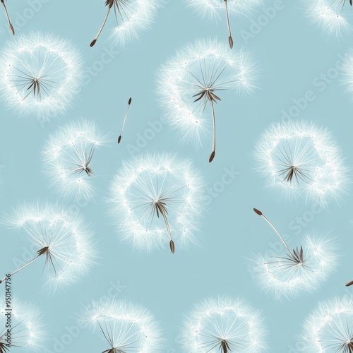 Dandelion Wishes: A serene and ethereal pattern of delicate white dandelions floating on a soft blue background, evoking a sense of tranquility and hope.  