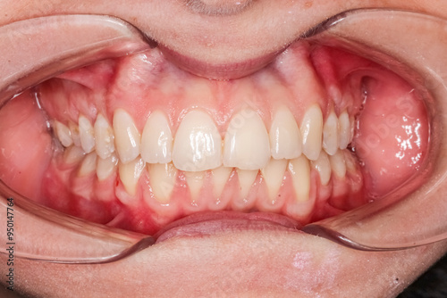 Frontal view close-up of dental maxillary and mandibular arches in occlusion with anterior biting teeth, cheeks and lips retracted with cheek retractor. Healthy gingival gum and no decay.	