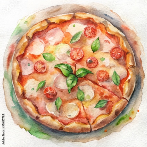 Watercolor illustration of a pizza margherita with mozzarella, basil and tomatoes