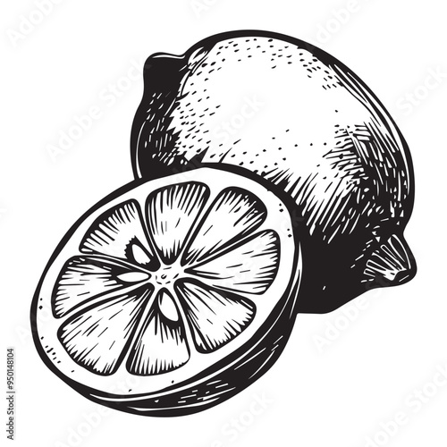 Black and White Lemon Illustration in Detailed Vintage Woodcut Style Vector Drawing