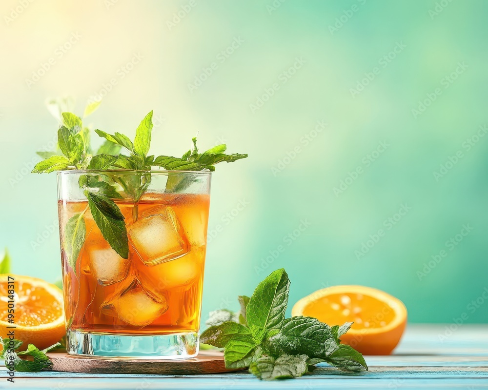 Fototapeta premium Refreshing cocktail with mint and ice, perfect for summer gatherings and bar events, offering a burst of flavor and coolness.