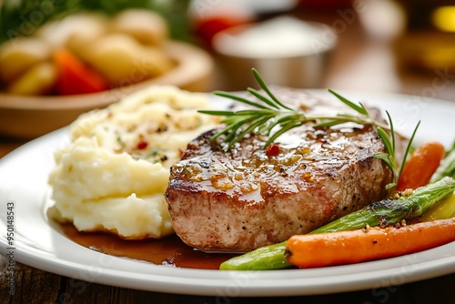 Delicious grilled pork chop with mashed potatoes and vegetables