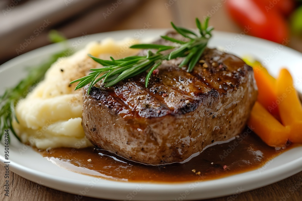 Grilled steak lying on white plate with garnish Grilled steak lying on white plate with garnish