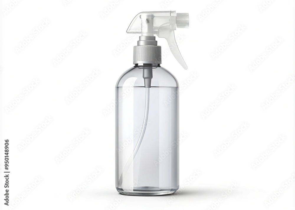 A transparent plastic bottle with a spray nozzle and label stands on a white background, showcasing a customizable cleaning solution product design. A transparent plastic bottle with a spray nozzle and label stands on a white background, showcasing a customizable cleaning solution product design.