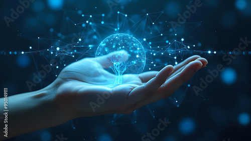 Human Hand Holding a Digital Tree Encapsulated in a Sphere, Representing Growth, Network Technology, and Environmental Sustainability in the Digital Age with Points of Light and Connectivity Lines.