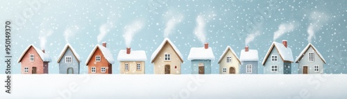 Charming winter scene of colorful houses with smoke rising from chimneys, surrounded by fresh snow and falling snowflakes.