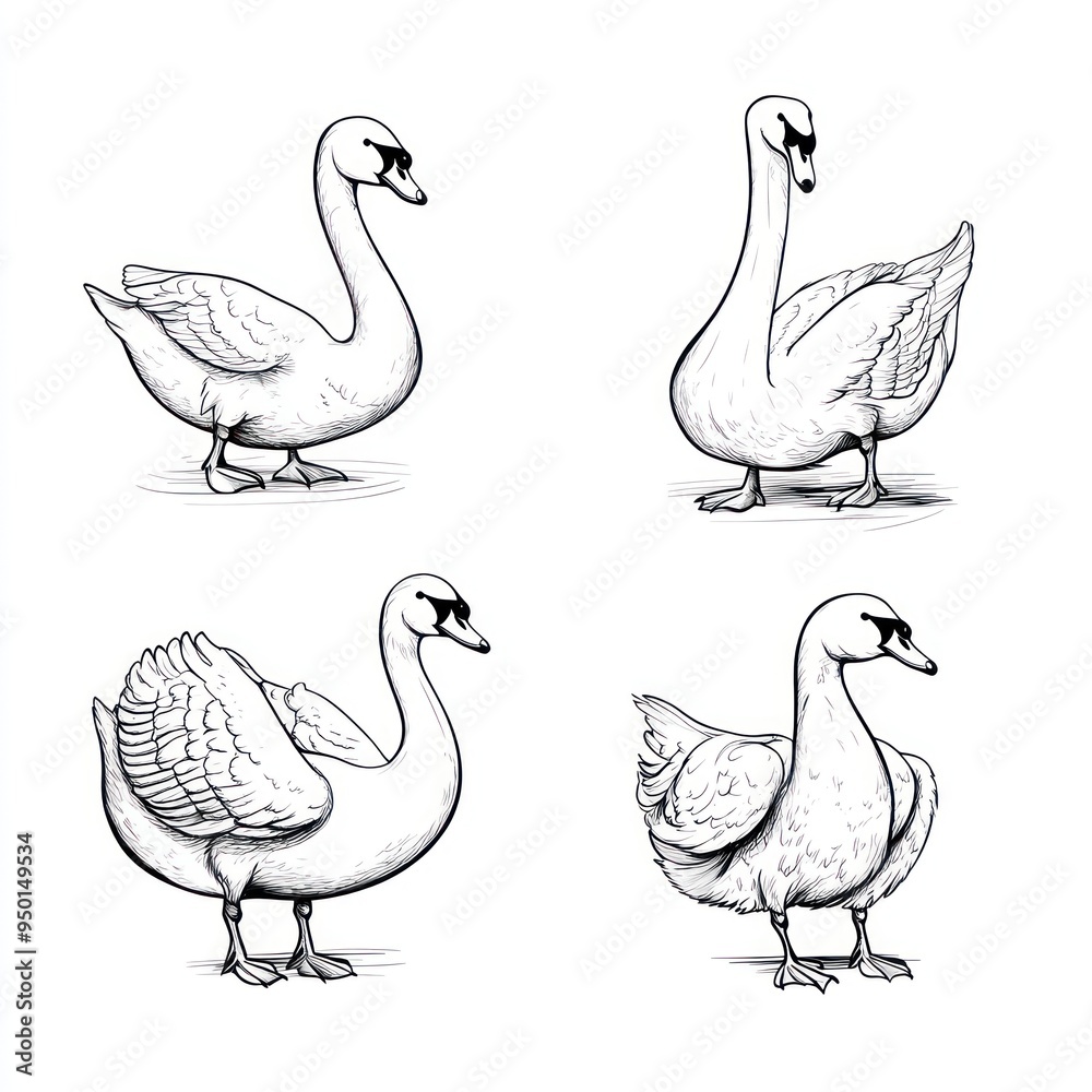 Four stylized illustrations of swans in various poses and perspectives. Four stylized illustrations of swans in various poses and perspectives.