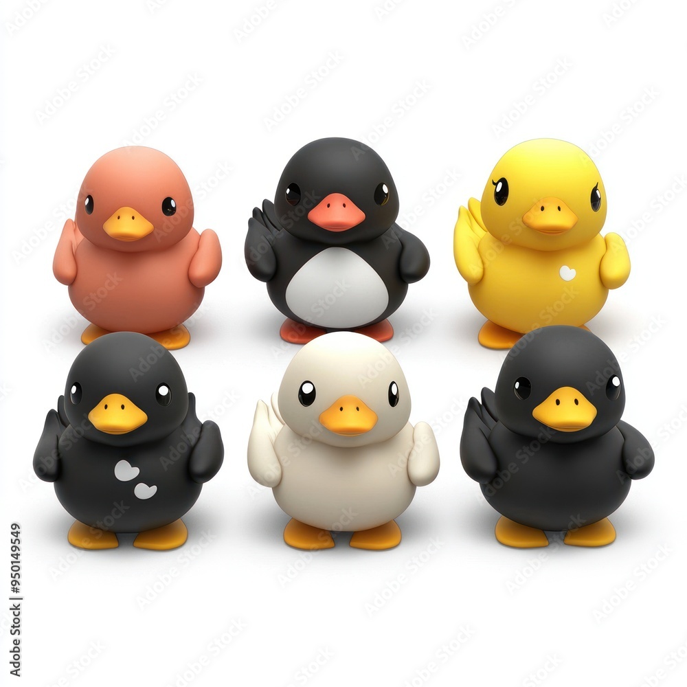 A collection of cute, colorful cartoon duck figures in various poses and colors. A collection of cute, colorful cartoon duck figures in various poses and colors.