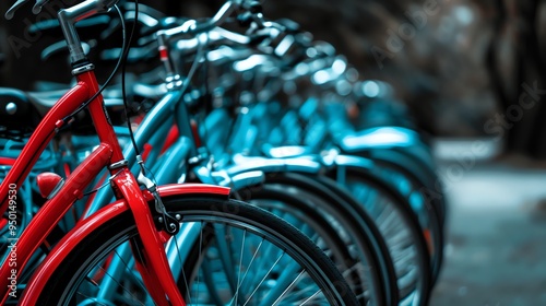 A row of bicycles parked together.