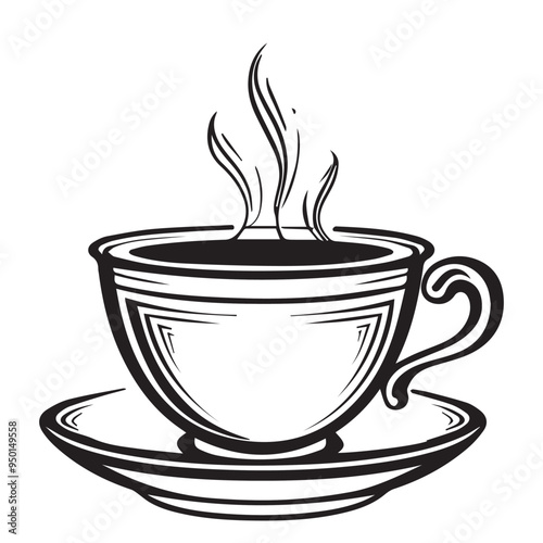 Hand-drawn Black and White Coffee Cup Sketch Vector Illustration in Engraved Woodcut Style