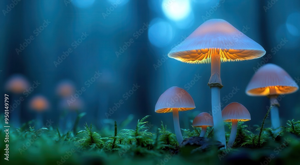 Fototapeta premium Dreamlike forest filled with glowing mushrooms and a soft, ethereal mist enveloping the scene, magic forest, mushrooms, ethereal