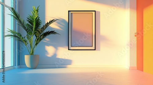 Modern, well-lit interior with an empty picture frame on the wall. Created using 3D rendering software. photo