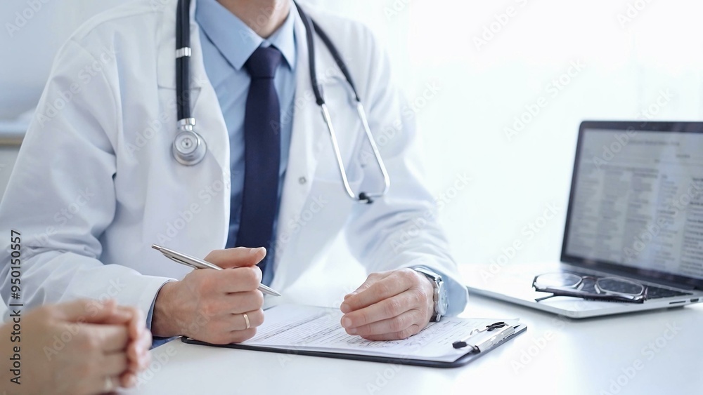 Doctor and a patient. The physician, wearing a white medical coat over a blue shirt and tie, gesturing with his hands during a consultation in the clinic. Medicine concept Doctor and a patient. The physician, wearing a white medical coat over a blue shirt and tie, gesturing with his hands during a consultation in the clinic. Medicine concept