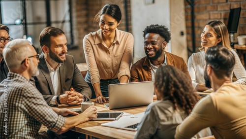 group of friends sitting in a office and speak about business plan